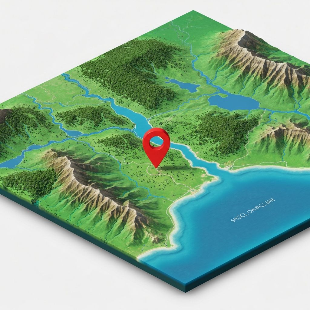 3D isometric view of coastline showing land and water